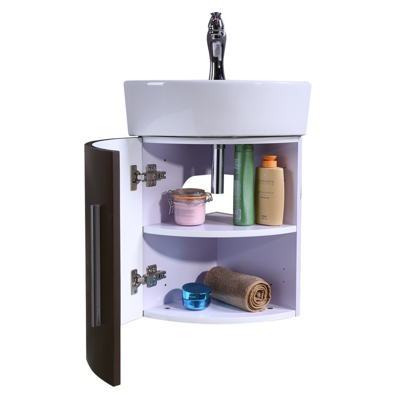 Eutropia White Corner Bathroom Cabinet Sink Wall Mount With Faucet Drain and Overflow, Dark Oak