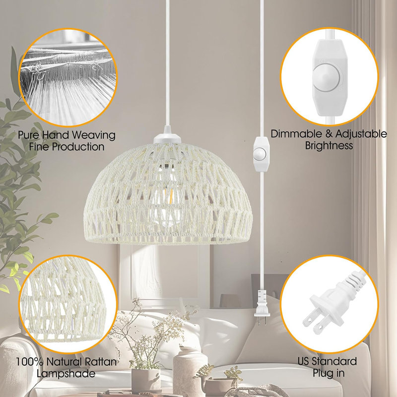 Plug in Pendant Light, 15FT Hemp Rope Cord,Hanging Light with Plug in Cord Rattan Hanging Lamp