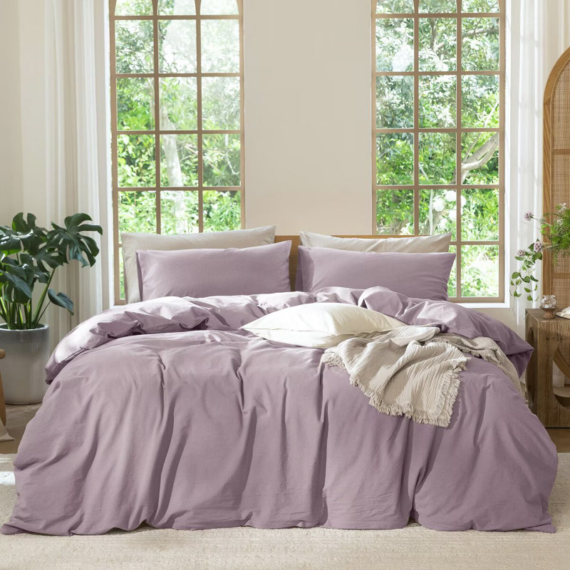 MooMee Lightweight Duvet Cover Set with Zipper Closure 8 Ties 100% Washed Cotton Linen Like Textured Soft Breathable All-Season