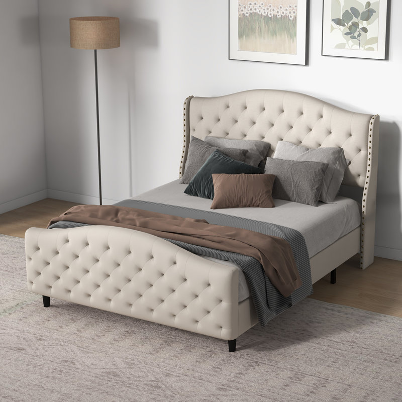Joreen Upholstered Wingback Bed, King, Beige
