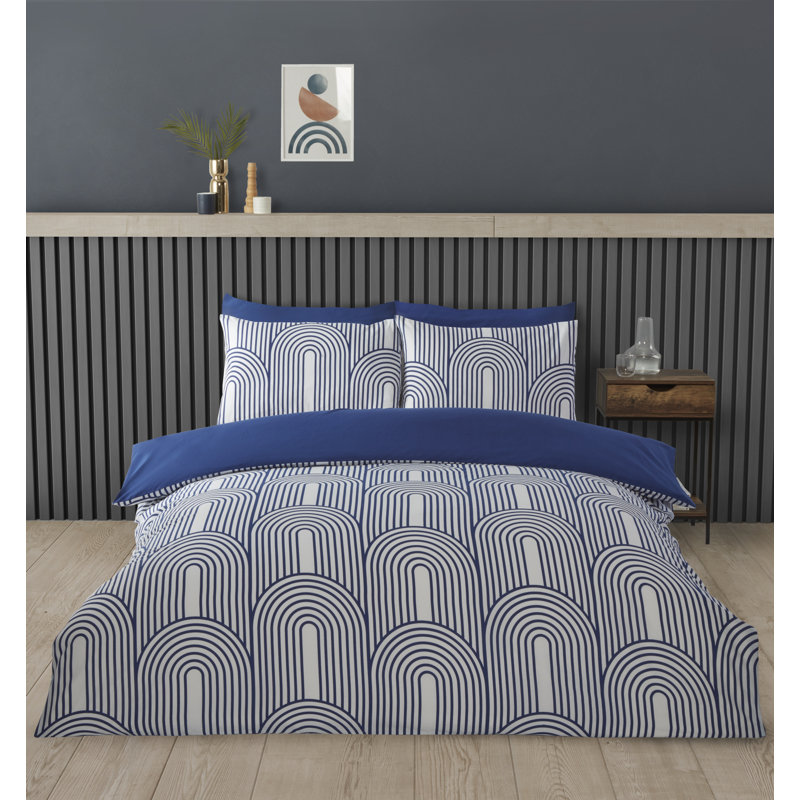 Earling Cotton Blend Geometric Duvet Cover with Pillowcases, Blue, King Duvet Cover + 2 Standard Pillowcases
