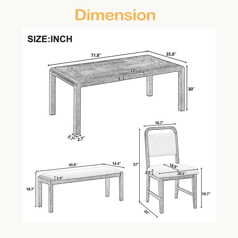 Ensemble de table de salle à manger vintage extensible pour 4 à 6 personnes avec 4 chaises rembourrées et 1 banc, Naturel