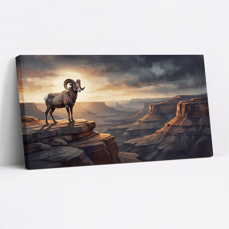 Mouflon d'Amérique sur une corniche de canyon au coucher du soleil - Toile murale d'Halloween, 58“W x 28”H