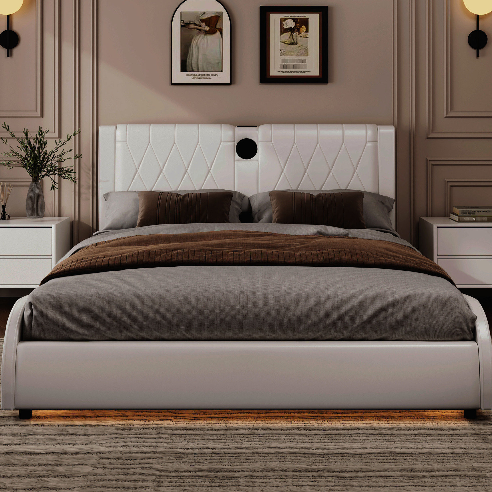 Harriet Bee Faux Leather Bed With Led Lights, Headboard Extra ...