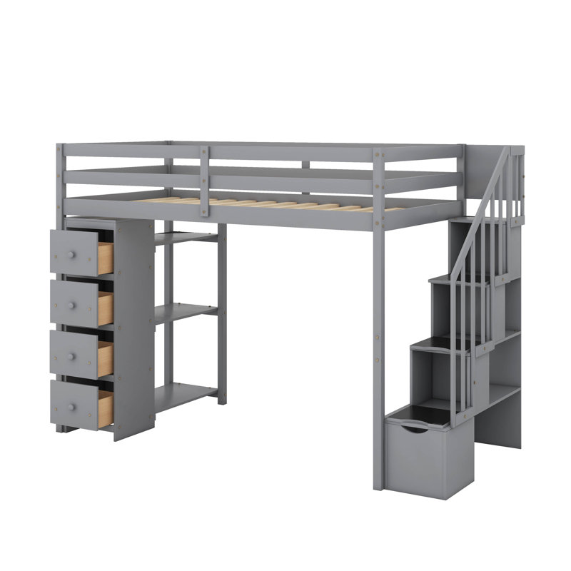 Twin Loft Bed With Storage Drawers,Desk And Stairs, Gray