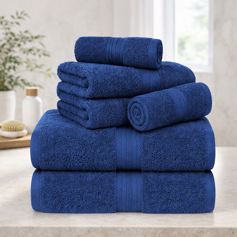 Ensemble de serviettes 100% coton doux et épais Como, Bleu marine, Ensemble 6 serviettes de bain