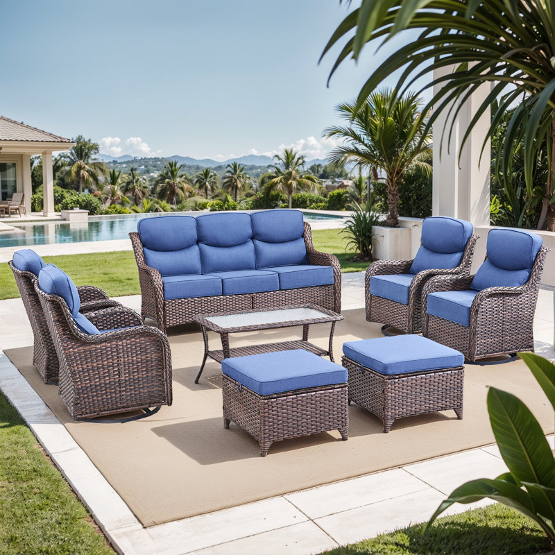Smilario 8-Piece All Weather Wicker Patio Furniture Set With 4 Swivel Gliders, Ottomans And Coffee Table, Blue, Brown