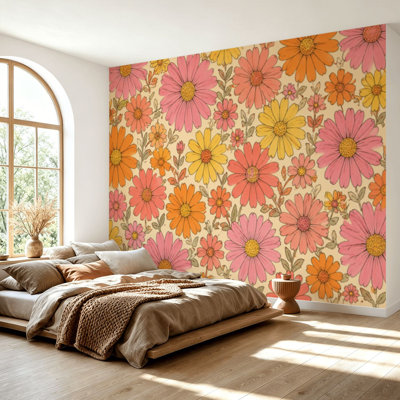 Wall Mural Peel and Stick Wallpaper retro seamless vintage 70s 60s style pink orange great for fabric Self-Adhesive Removable Contact Paper Wall Decor for Living Room Bedroom 69"H x 96"W