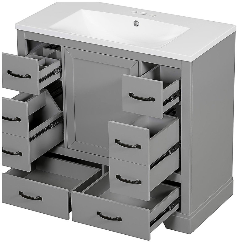 Ensemble de meuble-lavabo de 36 pouces, six tiroirs, séparateurs de tiroirs multifonctionnels, tablettes réglables, Gris