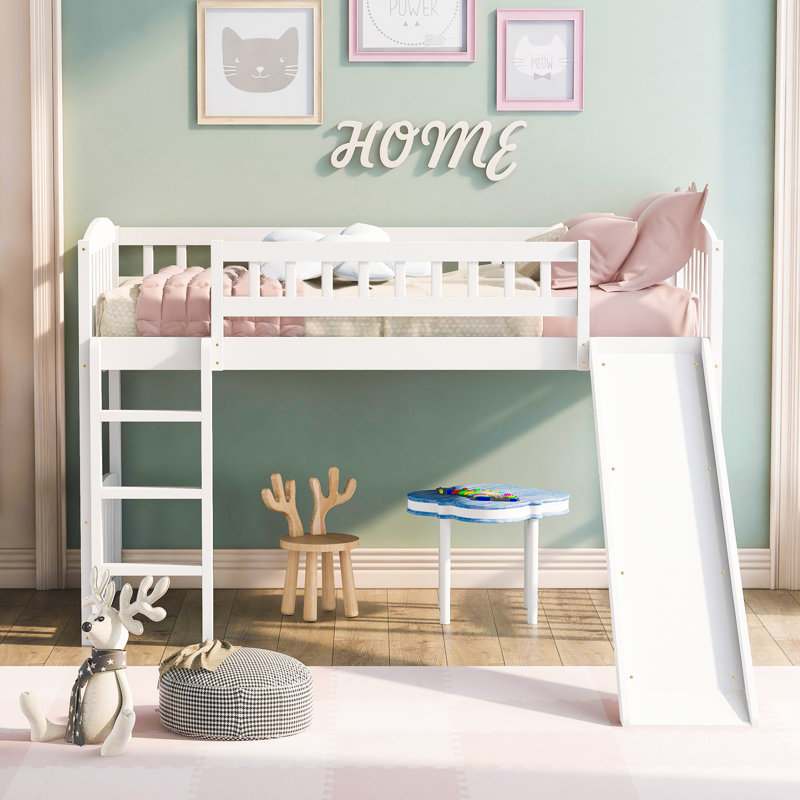 Lit mezzanine simple avec glissade en bois massif blanc durable