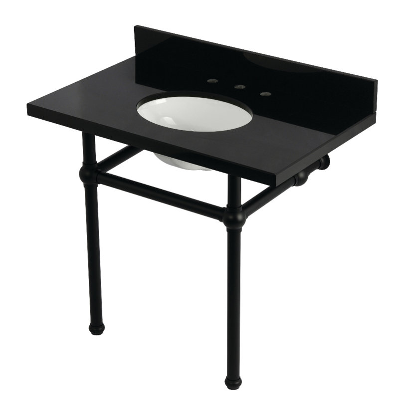Kingston Brass Templeton 36-Inch Black Granite Console Sink with Brass Legs (8-Inch, 3-Hole), Matte Black