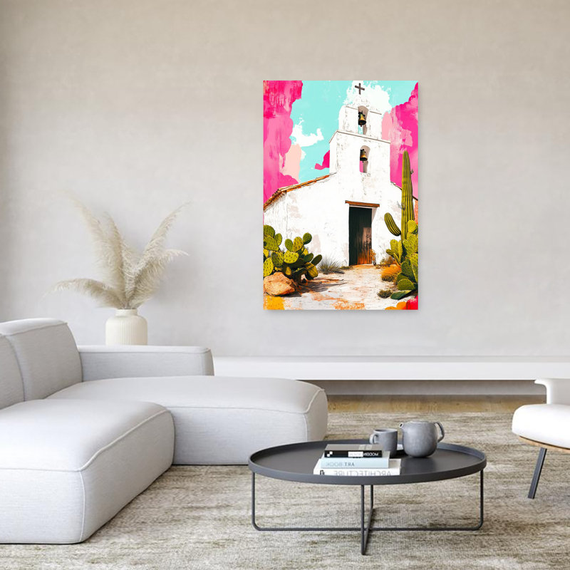 Vibrant Desert Mission Colorful Rustic Serene Cactus Architecture Landscape Wall Art Print 1 Piece Wrapped Canvas Wall Art