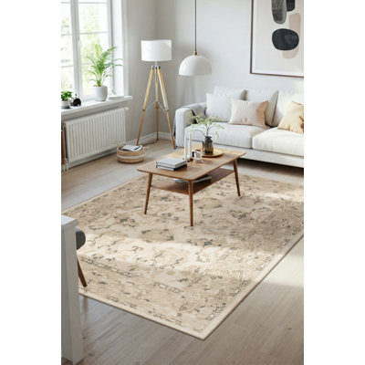 Lucien Cream Beige Vintage Textured Classic Patterned Woven Based Chenille Rug
