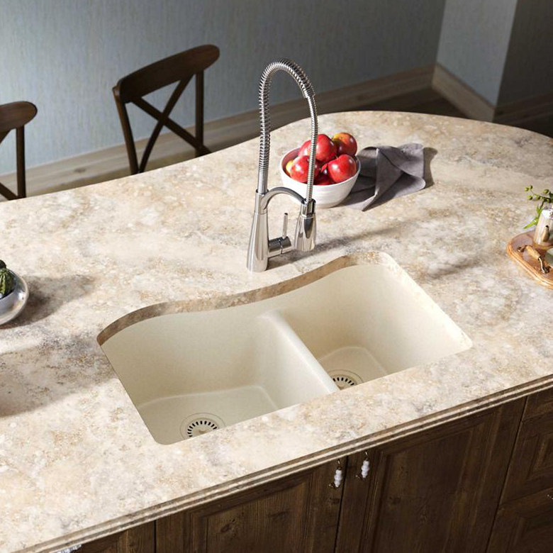 Évier de cuisine à double cuve encastrable L 33 po x l 20 po Quartz Luxe, Parchemin