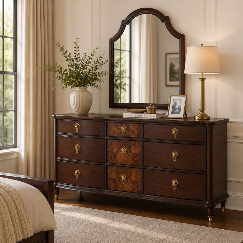Commode Raam, 9 tiroirs, pieds dorés, brun cerise foncé