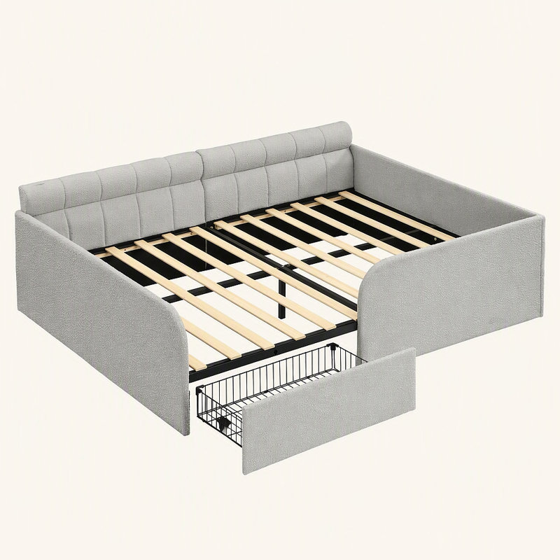 Structure de lit de jour en tissu Bouclé avec tiroir de rangement, Gris