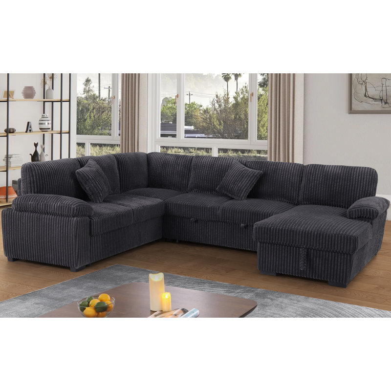 Amalyn  U-Shaped Modern Corduroy Sectional With Storage Chaise Lounge, Gray