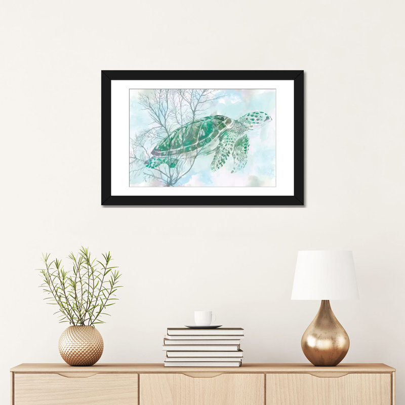 « aquarelle sea turtle i », impression sur toile, H 16 po x l 24 po x P 1 po, Papier d'art encadré noir, Blanc
