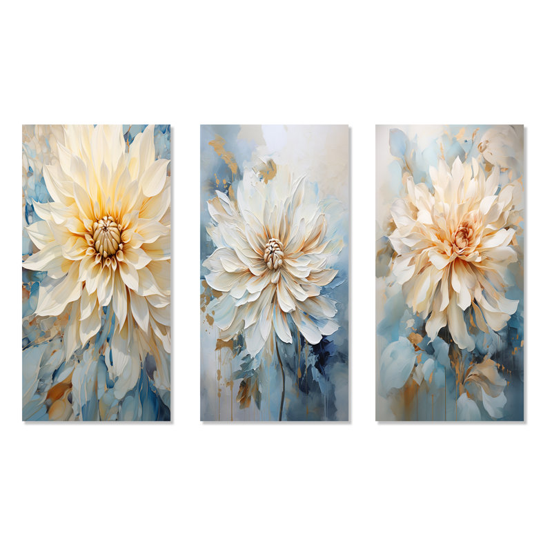 Simple dahlia beige et bleu - ensemble de 4 impressions murales Dahlia, Toile tendue, H 40 po x l 60 po