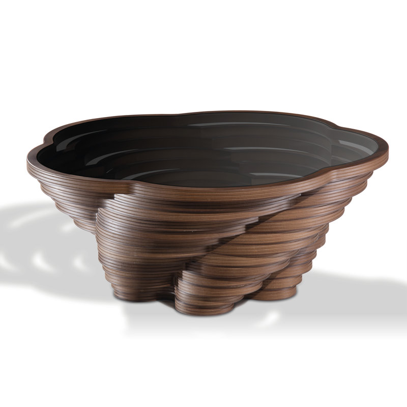 Queen Sculptural Coffee Table with Smoked Glass Top, Layered Walnut Veneer Design