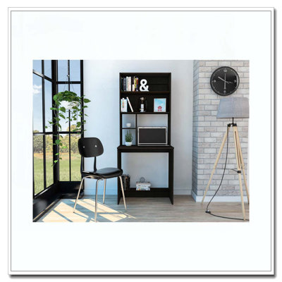 Bureau d'ordinateur noir à 4 tablettes avec rehausse Wengue
