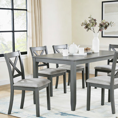 7-Piece Solid Wood Dining Table and Chairs Set, Modern 58.5 Inch Table with 6 Padded Chairs (X-Back Style) for Kitchen, Dining Room, Grey