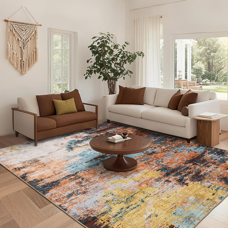 Modern Abstract Machine Washable Non-Slip Rug, Non-Shedding Contemporary Accent Rugs, Low Pile Indoor Carpet for Living Room, Bedroom