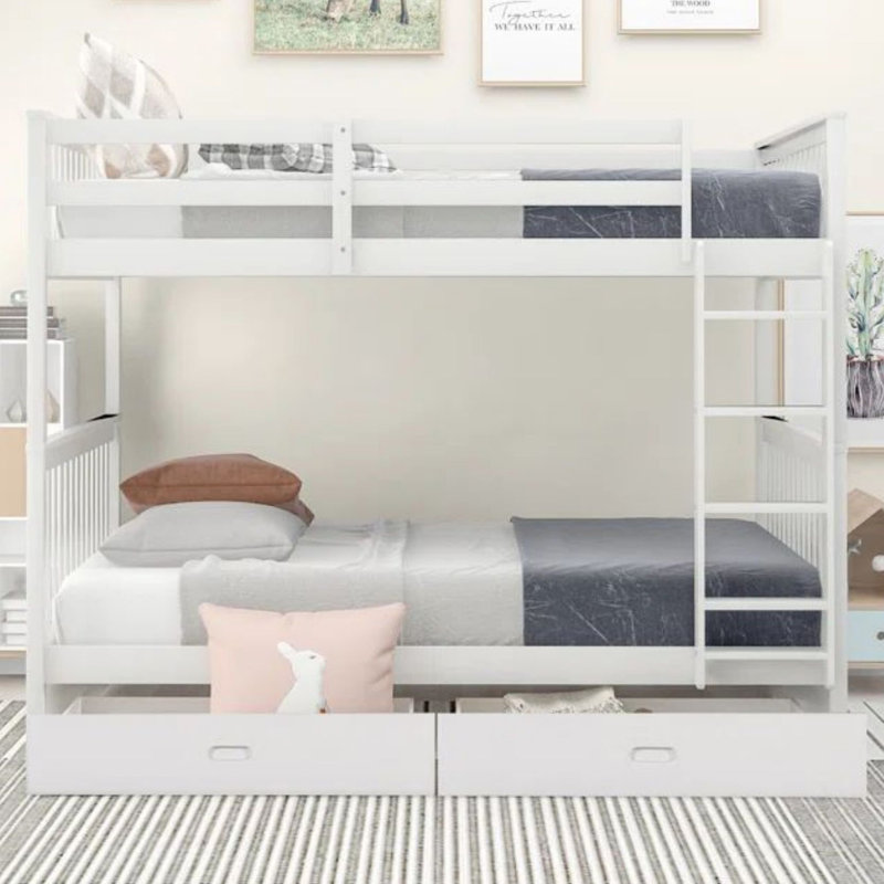 Lit superposé avec échelles et deux tiroirs de rangement, Blanc, Simple sur simple