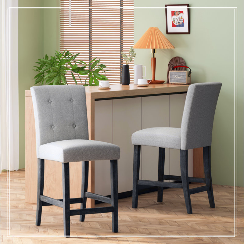 Ensemble de 2 tabourets de comptoir capitonnés contemporains en tissu, 26 po, Gris clair, Noir, noir, noir, noir