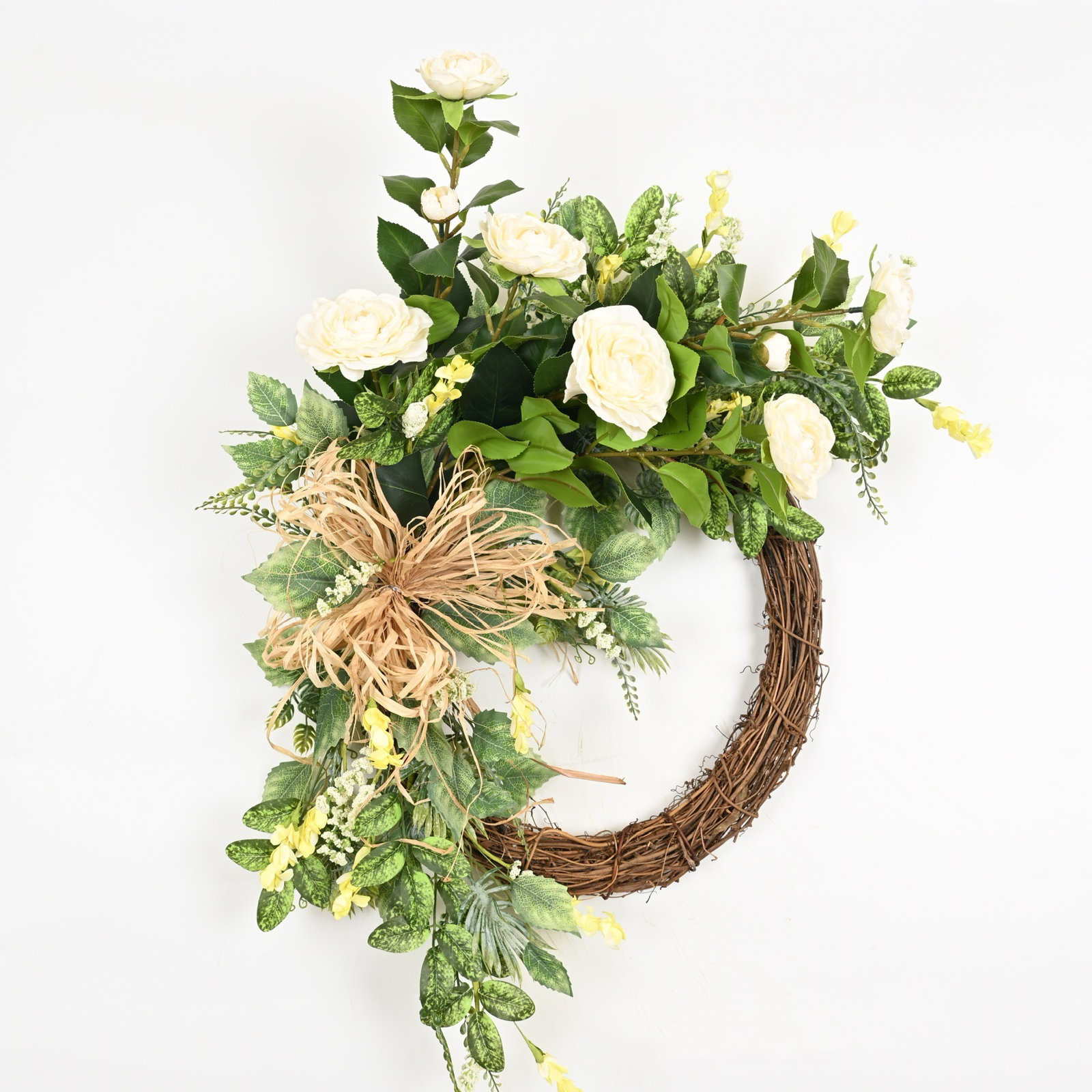 24" Artificial Farmhouse Spring Summer Greenery Leaves Berry Peony Floral Wreath For Front Door, Cream/Green