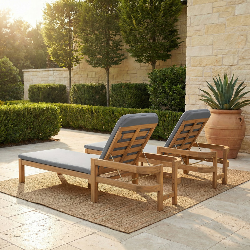 Cade Patio Acacia Wood Chaise Lounge With Adjustable Backrest, Dark Gray, 2