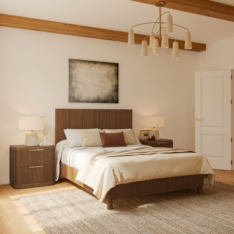  Lit en peuplier cannelé brun Hernest, Queen, Tan