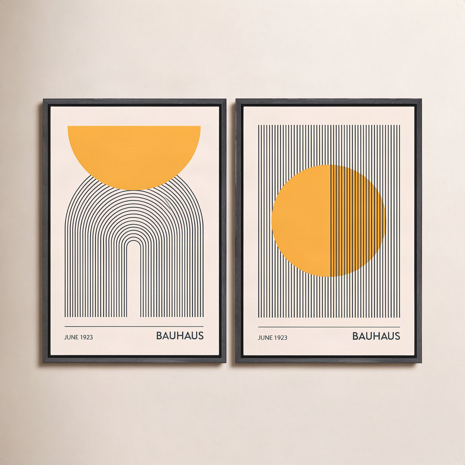 Mid Century Modern Boho "Bauhaus Sun" 2-Piece Set, 24" H x 32" W, Black Floater Framed