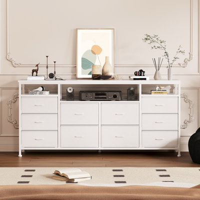 75" TV Stand with 10 Drawers, Entertainment Center with Power Outlets, RGB LED Lights & Open Shelves, Modern Storage TV Console for Living Room or Bedroom