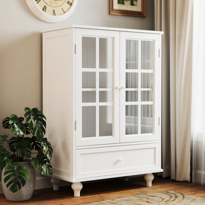 White Buffet With Double Glass Doors And Drawer - Modern Wooden Cabinet Solid Sideboard Cupboard For Living Room, Dining Hallway, Entryway