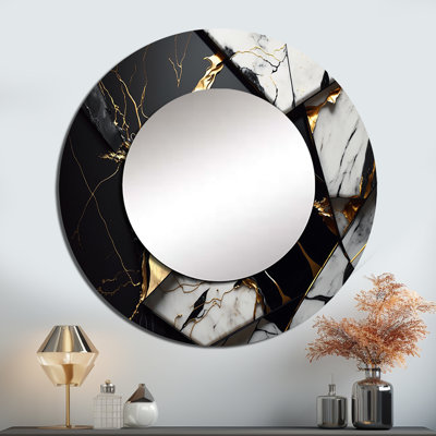 «Ostraw Abstract Geode Gold IV», miroir unique en marbre, grand miroir mural rond moderne, impression d'art en métal
