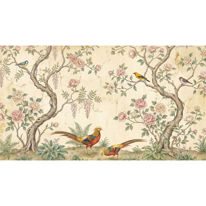 Murale de style rétro avec oiseaux chinois, 100 po x 96 po, Non tissé