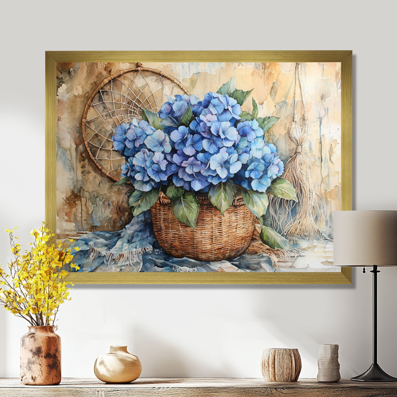 «Boho Blue Hydrangea Bliss II», art mural hortensia, Impression d'un seul cadre photo, H 30 po x l 40 po, Doré
