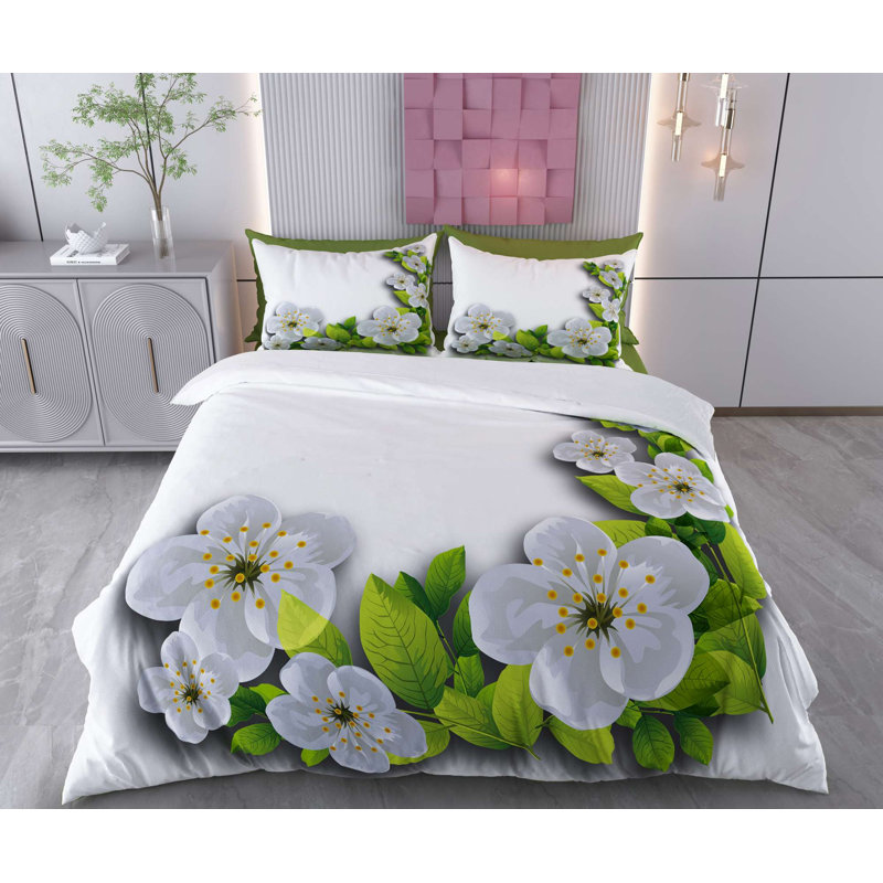 XXL Quilt Cover Set, 100% Cotton & Polyester Blend (70% Cotton, 30% Polyester), Machine Washable | Duvet Cover 61 x 87, Pillowcase 31.5 x 31.5, Stylish White, Green & Grey Design, Button & Envelope Closure