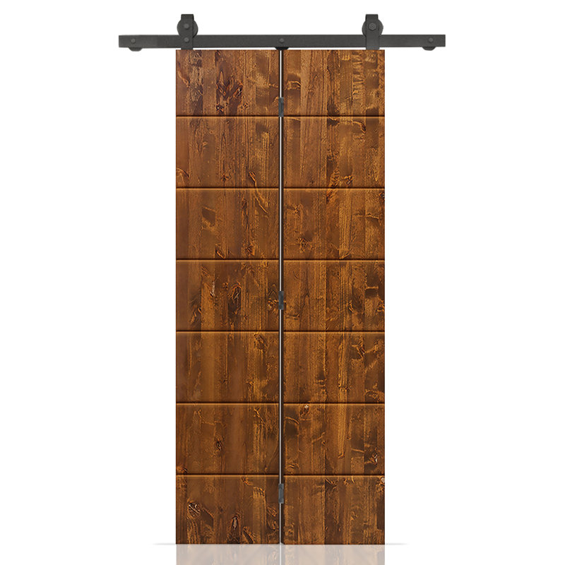 Porte de grange pliante en bois de pin avec quincaillerie coulissante, 34 po x 80 po, Noyer
