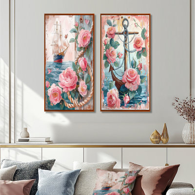 Pink Green Pirate Anchor With Pink Roses I - Coastal Wall Art 2 Pieces Set