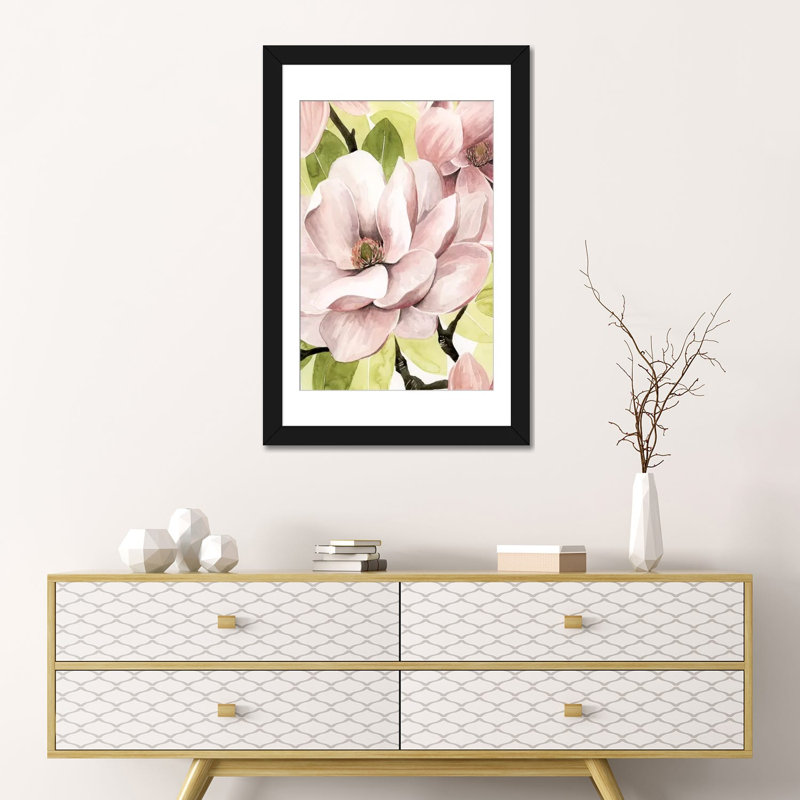 «Blush Magnolia II», impression sur toile, H 24 po x l 16 po x P 1 po, Papier d'art encadré noir, Blanc