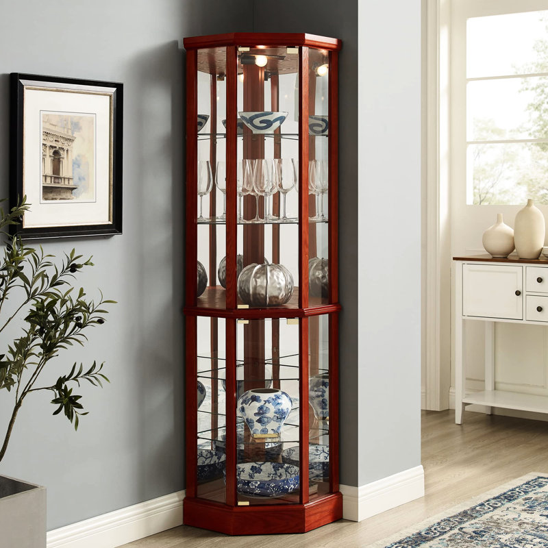 Cherry Wood Curio Display Cabinet With 6 Shelves And Adjustable Glass Mirrored Back Panel, Cherry