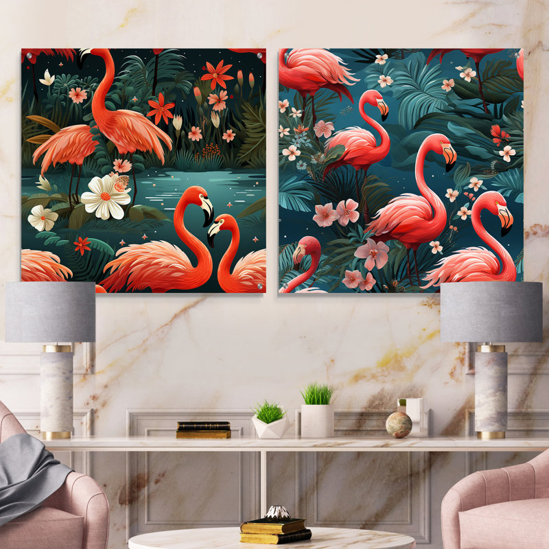 «Flamingo Tropical Dream I», ensemble de 2 verres muraux en acrylique, H 36 po x l 73 po