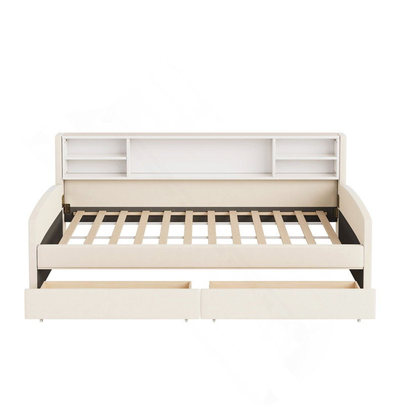 Lit plateforme simple tapissier avec rangement et tiroirs, Beige