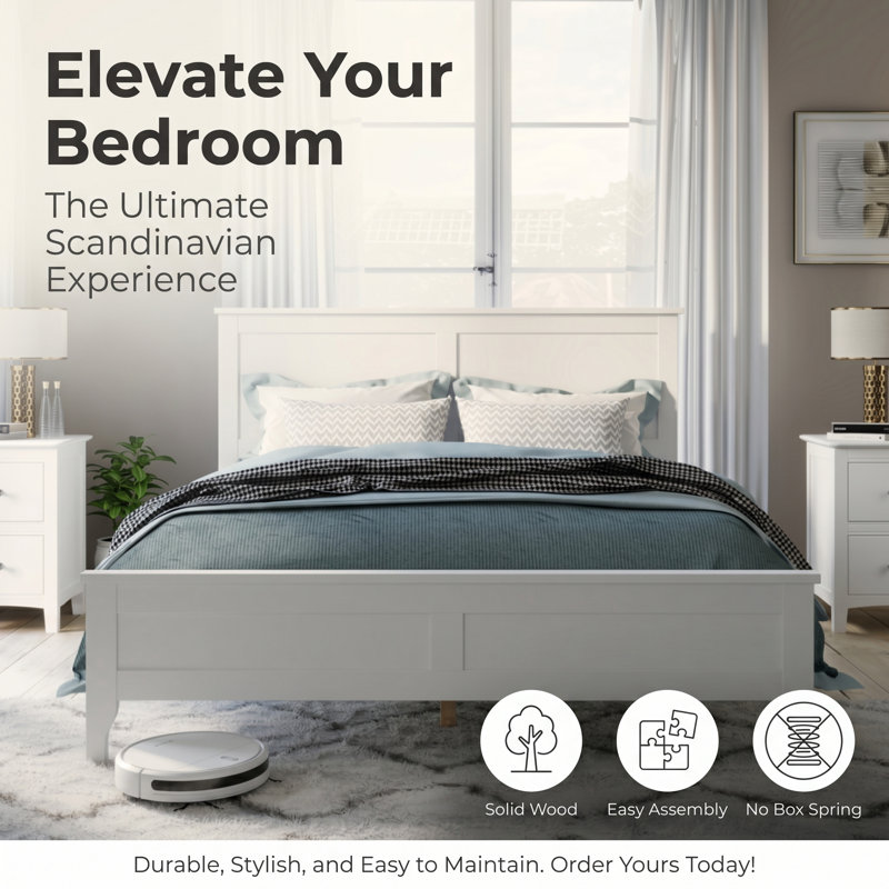 Structure de lit plateforme en bois massif blanc avec tête de lit à très grand lit, base de lit scandinave minimaliste en bois sans sommier, cadre de lit de ferme