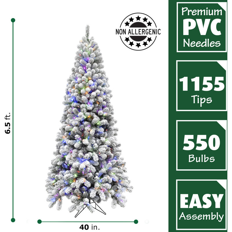 6.5-Foot Flocked Alaskan Pine Christmas Tree with Multicolor LED Lights