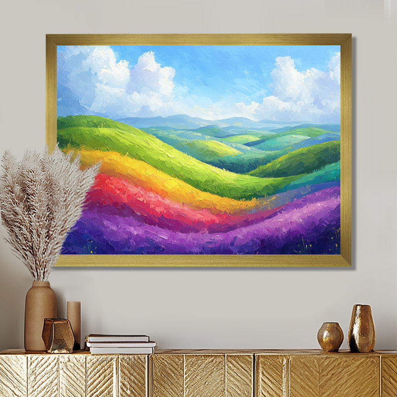 Arc-en-ciel au-dessus des collines luxuriantes - arc-en-ciel, art mural, H 16 po x l 32 po, Natural Floater Framed