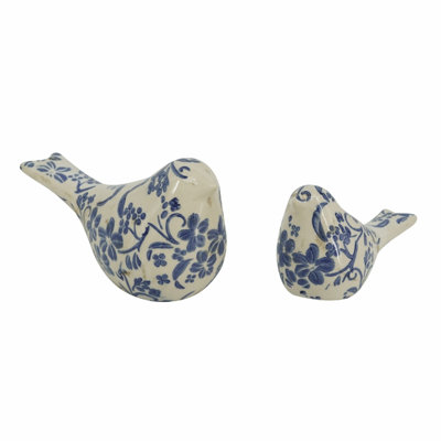 Ensemble de 2 figurines d'oiseaux en céramique bleue et blanche avec des motifs floraux, des sculptures décoratives campagnardes pour manteau de cheminée, plateau de table, tablette ou centre de table, 8 po x 4 po et 6 po x 3 po