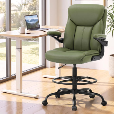 Office Drafting Chair Fabric Adjustable High Office Chair with Flip-up Arms And Foot Ring Mid Back Support Standing-Desk Matched Tall Swivel Rolling